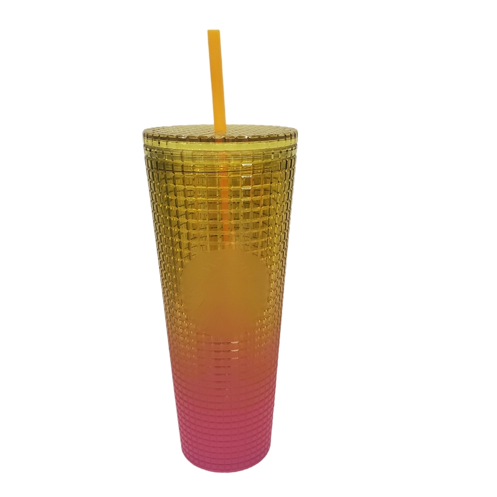 STARBUCKS New Lemon Grid 24 Oz Cold Tumbler Matte Pink Yellow OMBRÉ Gradient Cup